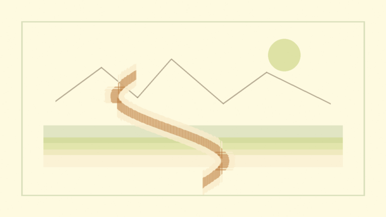 Abstract path, lake, and mountain shapes suggesting belonging in Switzerland.