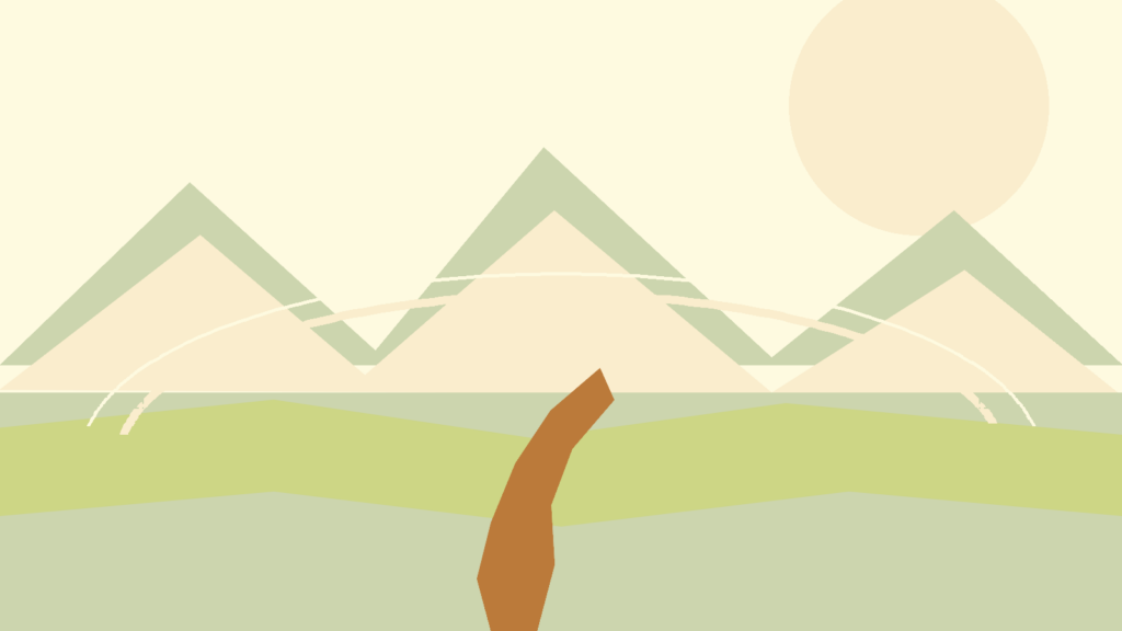 Abstract path, lake bands, and mountain forms representing homesickness and belonging in Switzerland