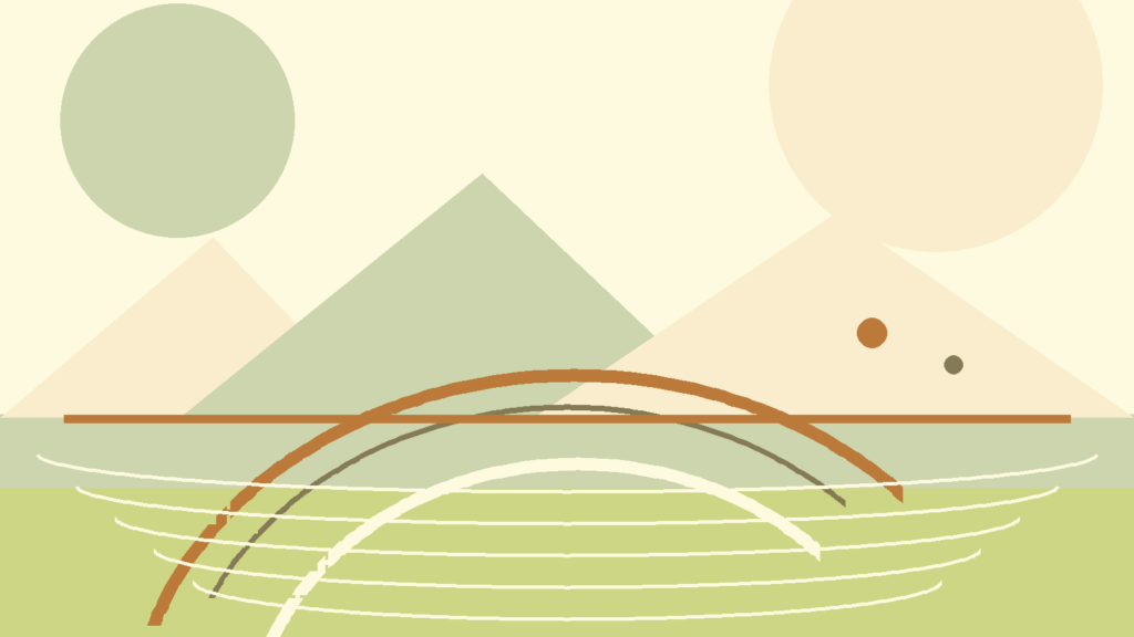 Abstract path, lake, and mountain shapes representing identity and belonging after moving to Switzerland
