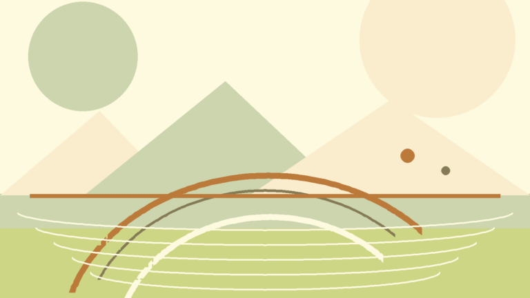 Abstract path, lake, and mountain shapes representing identity and belonging after moving to Switzerland