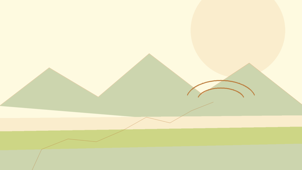 Abstract warm path through lake bands toward a gentle mountain outline
