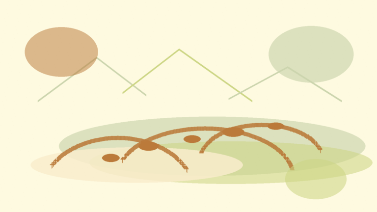 Abstract path, lake, and mountain shapes for an article about loneliness and belonging in Switzerland