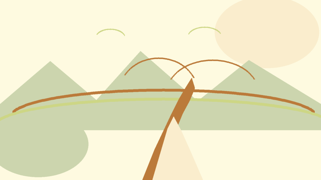Abstract path, lake, and mountain shapes in warm earth and sage colors