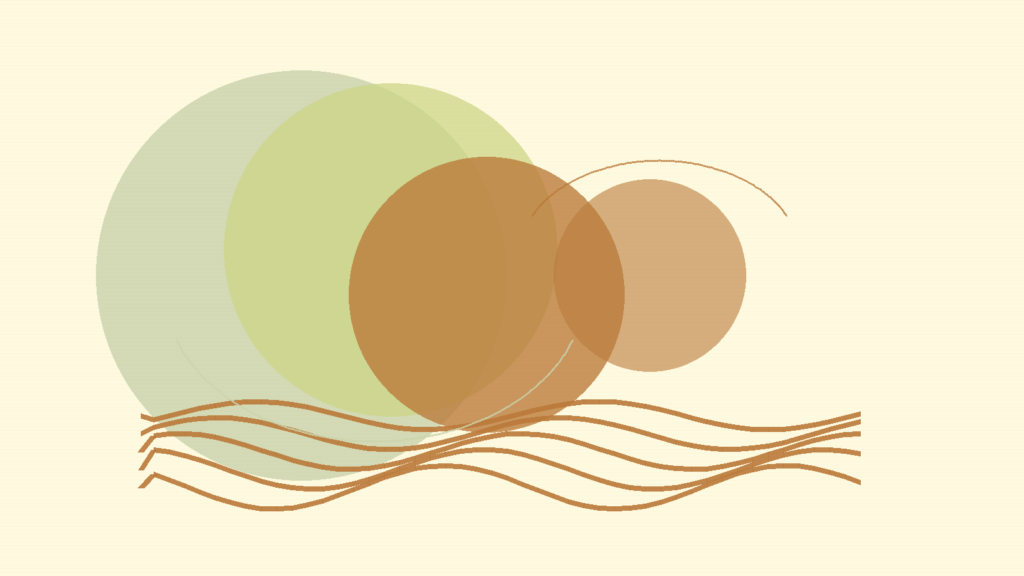 Abstract warm layered circles and breathing rhythm lines for emotional overload support in English.