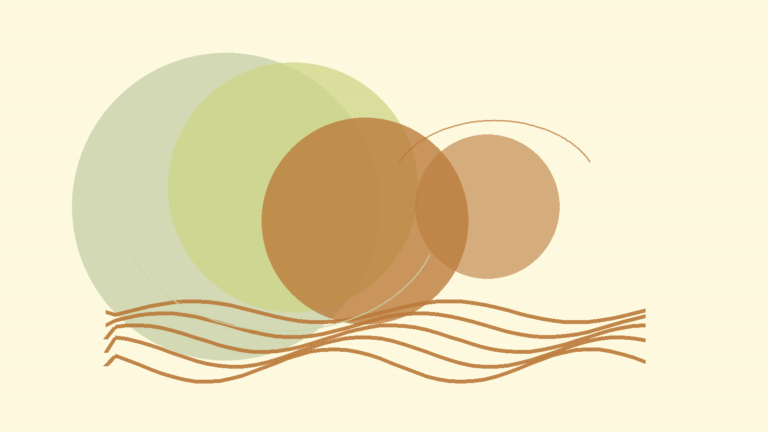 Abstract warm layered circles and breathing rhythm lines for emotional overload support in English.