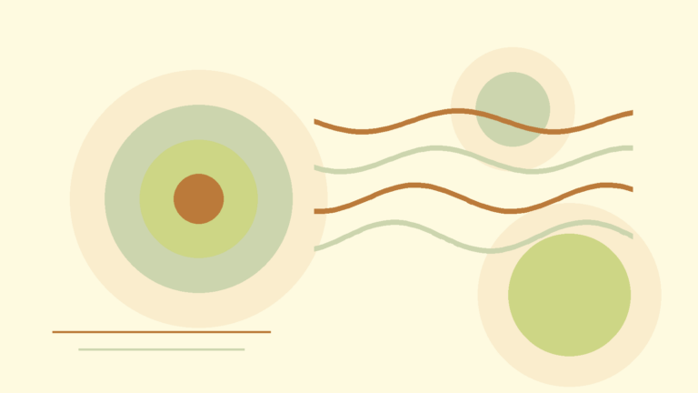 Abstract warm layered circles and gentle breathing rhythm lines representing rest and recovery