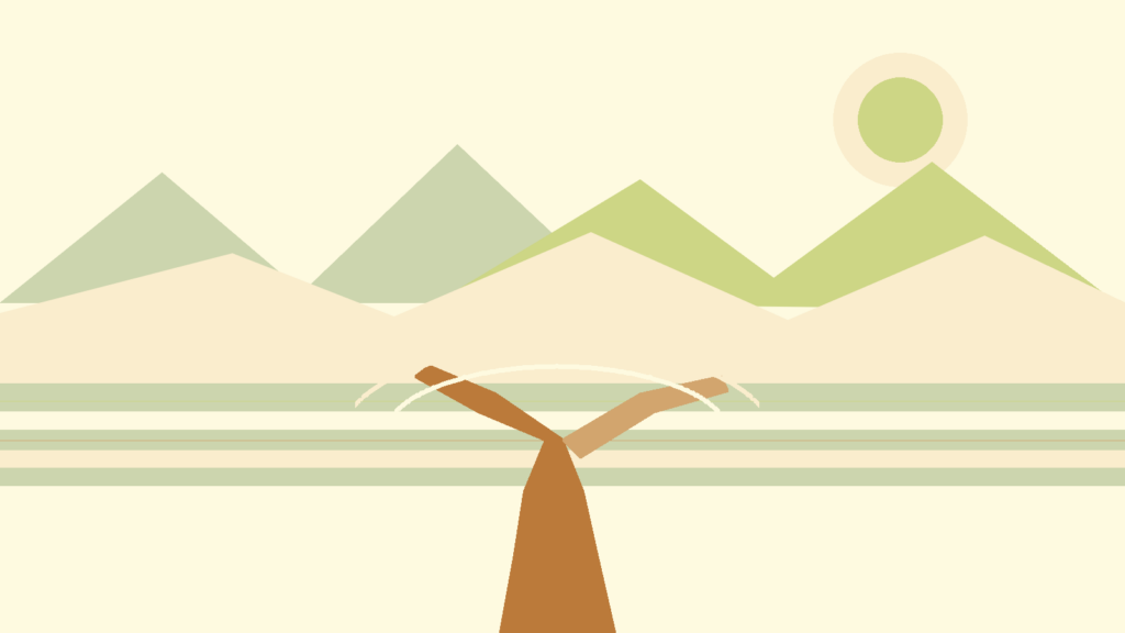 Abstract branching path across lake and mountain forms in warm sage, cream, olive, and ochre