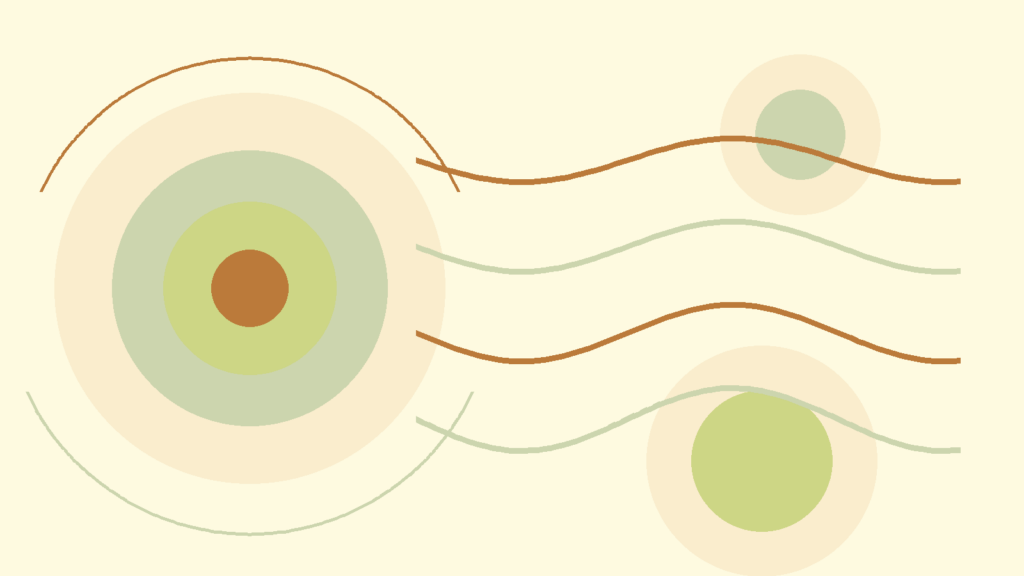 Abstract warm circles and flowing rhythm lines representing early body signals of stress