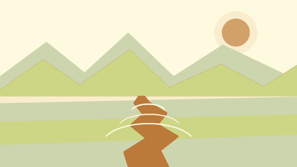 Abstract path, lake bands, and mountain forms in warm sage, cream, olive, and ochre