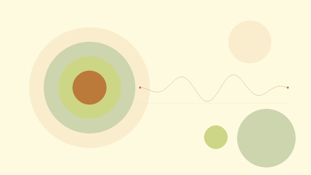 Warm layered circles and a gentle rhythm line representing waiting with uncertainty