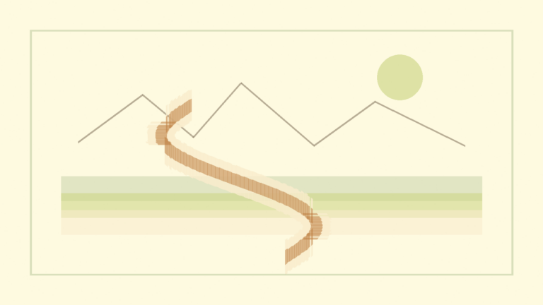 Abstract path, lake, and mountain shapes suggesting belonging in Switzerland.